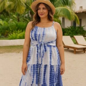 Angie Blue White Tie Dye Maxi Sundress Boho Festival Resort Wear Cotton Dress L
